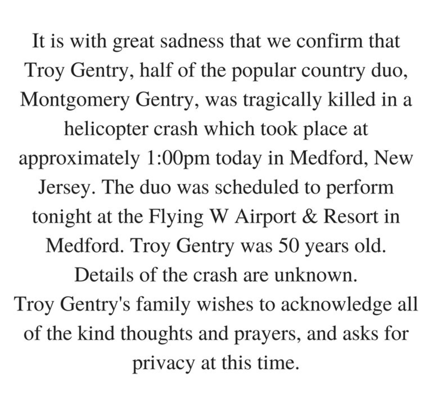 Troy Gentry Dies in Helicopter Crash; Country Star Was 50 The