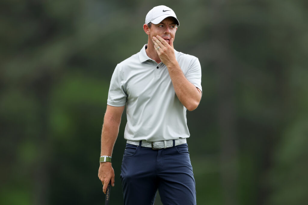 Rory McIlroy of Northern Ireland reacts to a putt on the 18th green during the second round of the 2023 Masters Tournament at Augusta National Golf Club on April 07, 2023 in Augusta, Georgia.