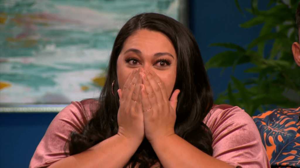 Kalani Faagata reacts to Angela flashing everyone