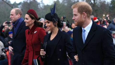 William, Kate, Meghan, and Harry walk together at Sandringham estate.