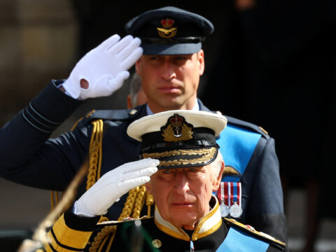 Prince William, Prince of Wales and King Charles III leave after the State Funeral of Queen Elizabeth II on September 19, 2022 in London, England.