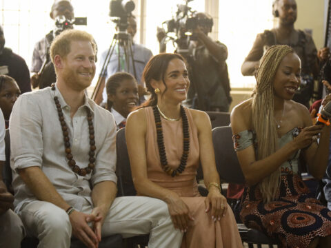 Prince Harry, Duke of Sussex and Meghan, Duchess of Sussex visit Lightway Academy on May 10, 2024 in Abuja, Nigeria.