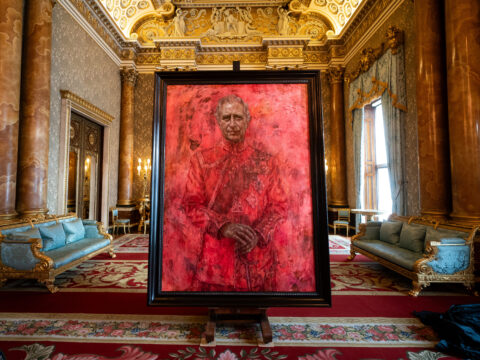 An official portrait of King Charles III, painted by artist Jonathan Yeo, is pictured during its unveiling, in the Blue Drawing Room at Buckingham Palace in London on May 14, 2024.