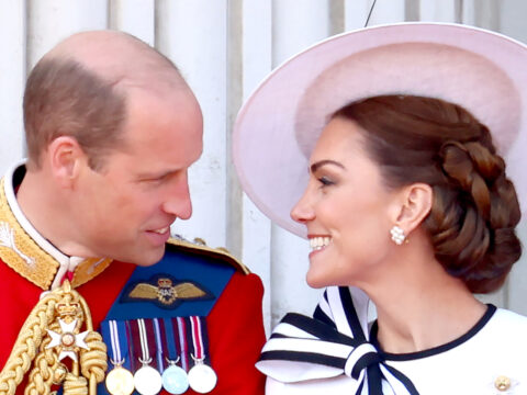 Prince William, Prince of Wales and Catherine, Princess of Wales on the balcony during Trooping the Colour at Buckingham Palace on June 15, 2024 in London, England.