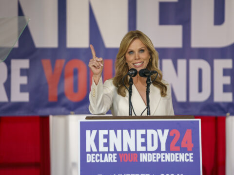 Cheryl Hines introduces her husband Presidential Candidate Robert F. Kennedy Jr. at a press conference on October 9, 2023 in Philadelphia, Pennsylvania.