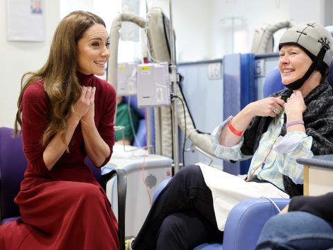 Catherine, Princess of Wales talks with Katherine Field during a visit to The Royal Marsden Hospital on January 14, 2025 in London, England.