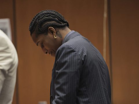 Rakim Mayers, aka A$AP Rocky, reacts in court as the verdict is given in his felony assault trial at Clara Shortridge Foltz Criminal Justice Center on February 18, 2025 in Los Angeles, California.