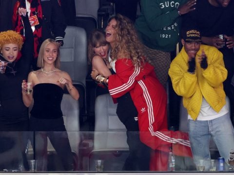 Rapper Ice Spice, Donna Kelce, singer Taylor Swift and actress Blake Lively react in the second quarter of Super Bowl LVIII between the San Francisco 49ers and Kansas City Chiefs at Allegiant Stadium on February 11, 2024 in Las Vegas, Nevada.