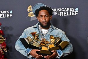 US rapper Kendrick Lamar poses with the Record Of The Year, Best Rap Performance, Song Of The Year, Best Music Video, Best Rap Song awards in the press room during the 67th Annual Grammy Awards at the Crypto.com Arena in Los Angeles on February 2, 2025.