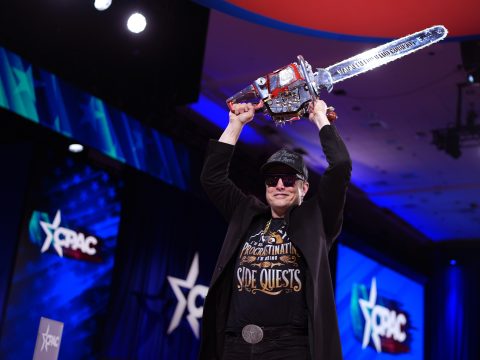 CEO of Tesla and SpaceX Elon Musk leaves the stage holding a chainsaw after speaking at the Conservative Political Action Conference (CPAC) at the Gaylord National Resort Hotel And Convention Center on February 20, 2025 in Oxon Hill, Maryland.