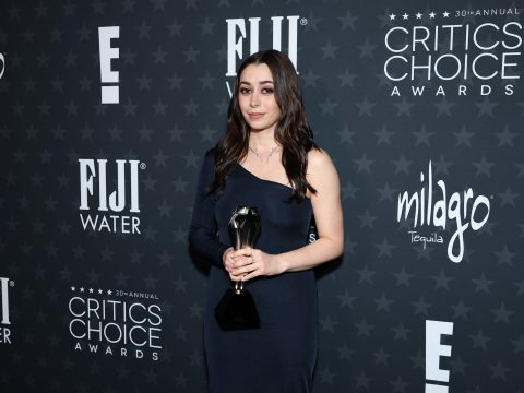 Cristin Milioti, winner of the Best Actress in a Limited Series or Movie Made for Television Award for “The Penguin” poses backstage during the 30th Annual Critics Choice Awards at Barker Hangar on February 07, 2025 in Santa Monica, California.