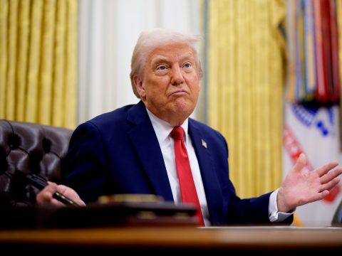 U.S. President Donald Trump gestures while speaking during an executive order signing event in the Oval Office of the White House on March 31, 2025 in Washington, DC.