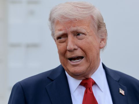 U.S. President Donald Trump talks to reporters after inspecting the North Lawn with members of the White House grounds crew to look for a place to put a 100-foot-tall flag pole on April 23, 2025 in Washington, DC.