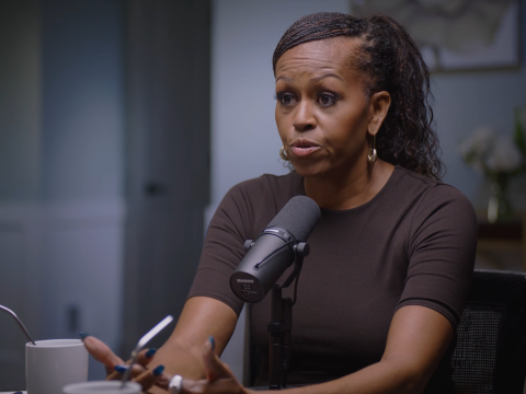 Michelle Obama speaks on her podcast in May 2025.