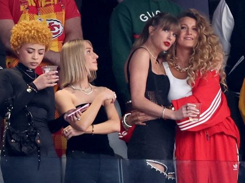 Rapper Ice Spice, singer Taylor Swift and actress Blake Lively prior to Super Bowl LVIII between the San Francisco 49ers and Kansas City Chiefs at Allegiant Stadium on February 11, 2024 in Las Vegas, Nevada.