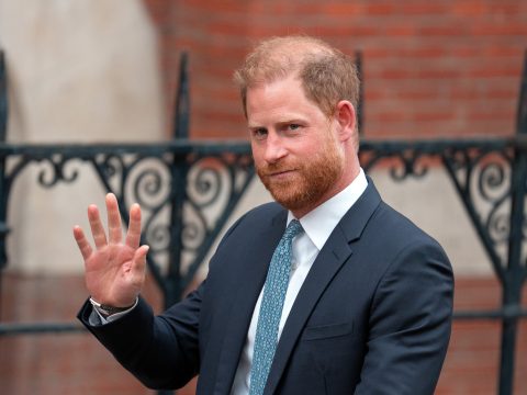 Prince Harry, Duke of Sussex waves as he leaves the High Court on April 8, 2025 in London, England. Prince Harry arrived in the UK this morning to attend court for his appeal against the downgrading of his security detail for family visits to the UK.