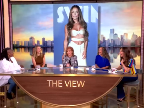 A screenshot of the panelists of The View in 2025 with a photo of Bethenny Frankel behind them.