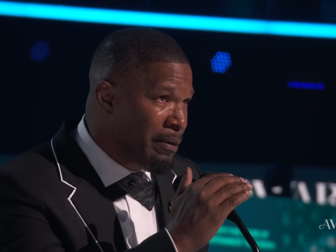 Jamie Foxx speaks on stage at the 2025 BET Awards.