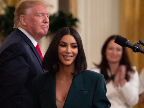Kim Kardashian speaks alongside US President Donald Trump during a second chance hiring and criminal justice reform event in the East Room of the White House in Washington, DC, June 13, 2019.