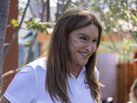 Gubernatorial candidate Caitlyn Jenner talks to reporters about homeless issues as she campaigns to overthrow California Gov. Gavin Newsom in an upcoming special recall election on August 12, 2021 in Venice, California.