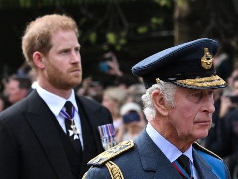 Britain's King Charles III and Britain's Prince Harry, Duke of Sussex walk behind the coffin of Queen Elizabeth II, adorned with a Royal Standard and the Imperial State Crown and pulled by a Gun Carriage of The King's Troop Royal Horse Artillery, during a procession from Buckingham Palace to the Palace of Westminster, in London on September 14, 2022.