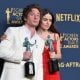 US actor Jeremy Allen White and actress Molly Gordon pose with the awards for Outstanding Performance by a Male Actor in a Comedy Series (Allen White) and Outstanding Performance by an Ensemble in a Comedy Series for "The Bear" during the 30th Annual Screen Actors Guild awards at the Shrine Auditorium in Los Angeles, February 24, 2024.