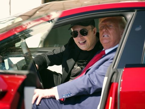 U.S. President Donald Trump and White House Senior Advisor, Tesla and SpaceX CEO Elon Musk sit in a Model S on the South Lawn of the White House on March 11, 2025 in Washington, DC.
