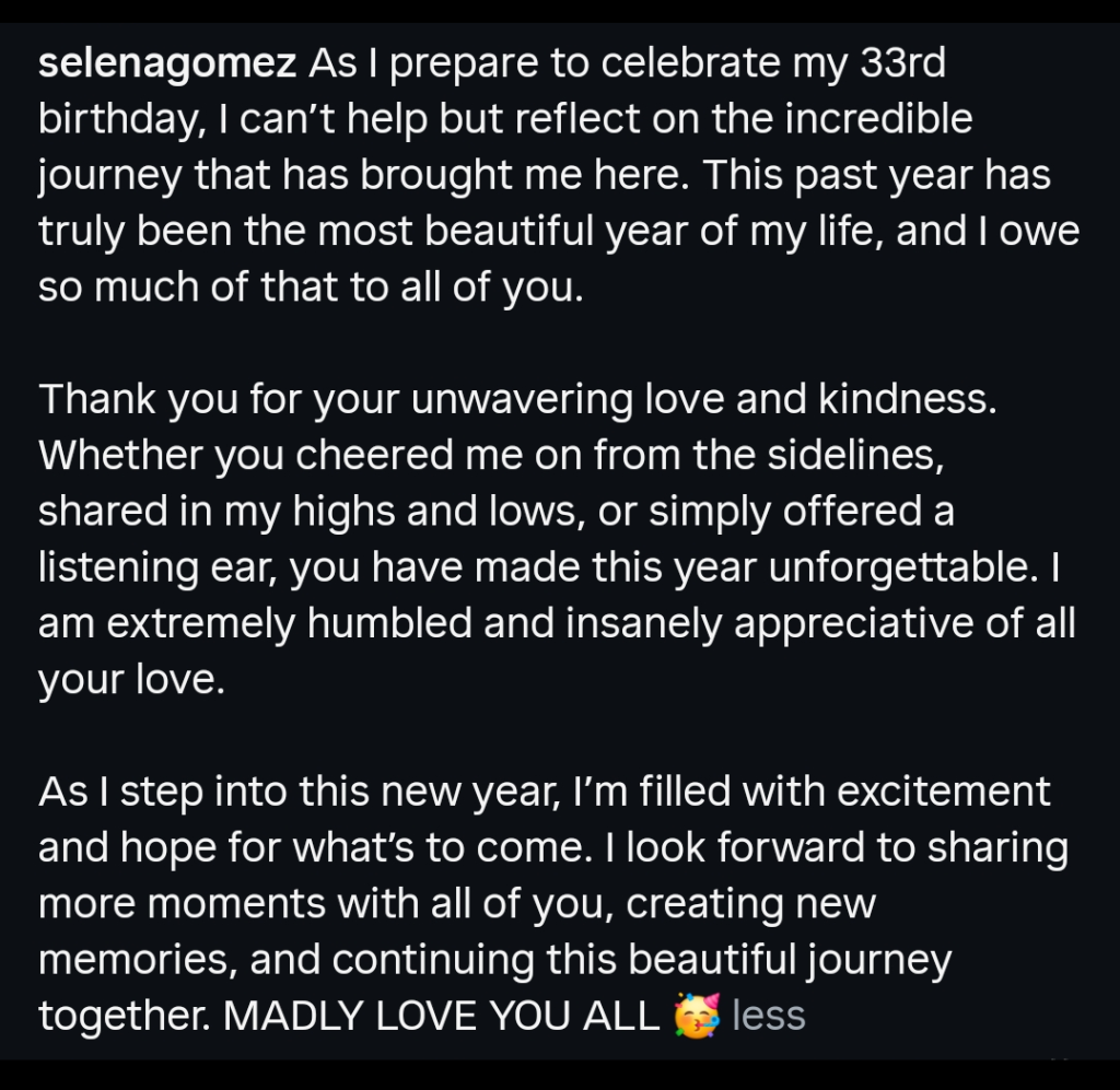 Captura de pantalla del modo oscuro de la leyenda de Instagram el día preeminente de Selena Gomez 2025.