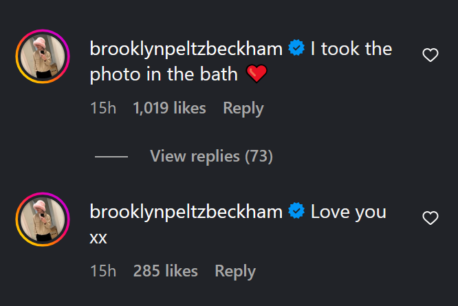 Dois comentários do Instagram do Brooklyn Beckham são uma captura de tela de modo escuro.