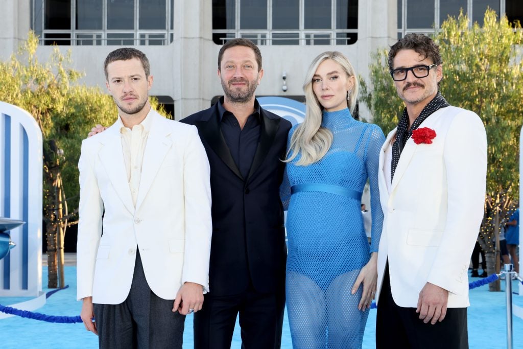 Joseph Quinn, Ebon Moss-Bachrach, Vanessa Kirby, and Pedro Pascal at the Fantastic Four premiere.