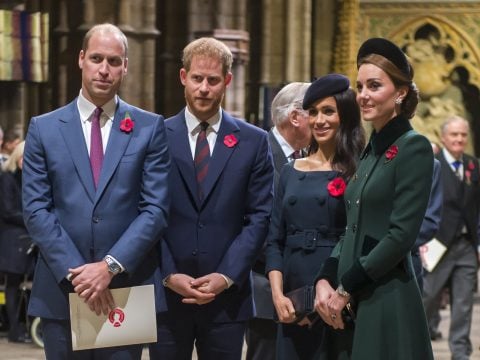 Prince William, Duke of Cambridge and Catherine, Duchess of Cambridge, Prince Harry, Duke of Sussex and Meghan, Duchess of Sussex attend a service marking the centenary of WW1 armistice at Westminster Abbey on November 11, 2018 in London, England.
