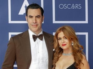 Sacha Baron Cohen and Isla Fisher attend a screening of the Oscars on Monday April 26, 2021 in Sydney, Australia.