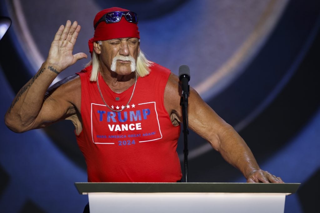 Professional entertainer and wrestler Hulk Hogan speaks on stage on the fourth day of the Republican National Convention at the Fiserv Forum on July 18, 2024.