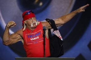 Professional entertainer and wrestler Hulk Hogan poses as he speaks on stage on the fourth day of the Republican National Convention at the Fiserv Forum on July 18, 2024 in Milwaukee, Wisconsin.