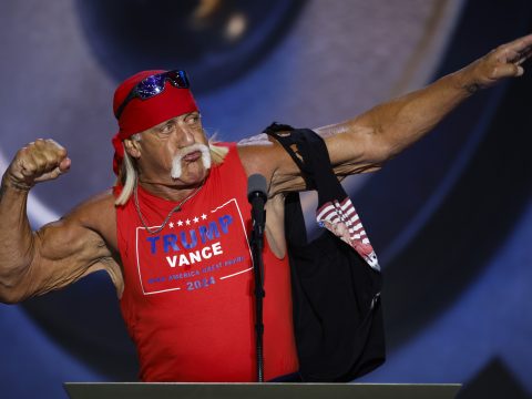 Professional entertainer and wrestler Hulk Hogan poses as he speaks on stage on the fourth day of the Republican National Convention at the Fiserv Forum on July 18, 2024 in Milwaukee, Wisconsin.