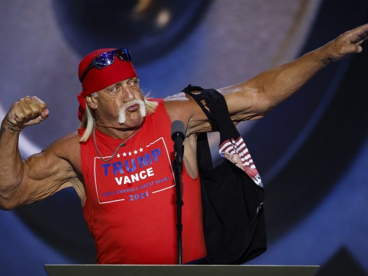 Professional entertainer and wrestler Hulk Hogan poses as he speaks on stage on the fourth day of the Republican National Convention at the Fiserv Forum on July 18, 2024 in Milwaukee, Wisconsin.