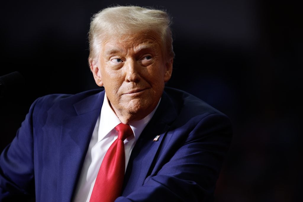 Republican presidential nominee, former President Donald Trump holds a campaign rally at the PPG Paints Arena on November 04, 2024 in Pittsburgh, Pennsylvania.