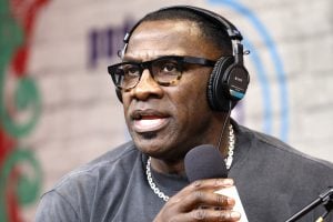 Former NFL player Shannon Sharpe is seen on the set of The NFL Network along Radio Row on February 05, 2025 in New Orleans, Louisiana.