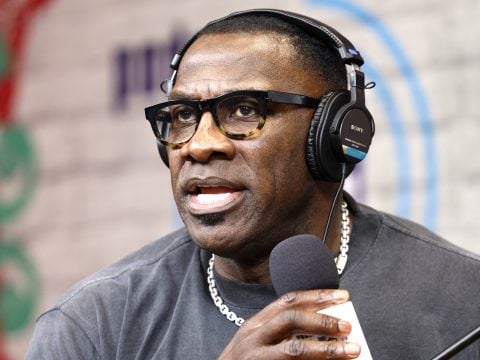 Former NFL player Shannon Sharpe is seen on the set of The NFL Network along Radio Row on February 05, 2025 in New Orleans, Louisiana.