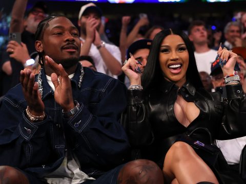 NFL Player Stefon Diggs and rapper Cardi B sit courtside during the first quarter in Game Four of the Eastern Conference Second Round NBA Playoffs between the Boston Celtics and the New York Knicks at Madison Square Garden on May 12, 2025 in New York City.