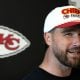 Travis Kelce #87 of the Kansas City Chiefs talks with the media after a mandatory minicamp at The University of Kansas Health System Training Complex on June 18, 2025 in Kansas City, Missouri.