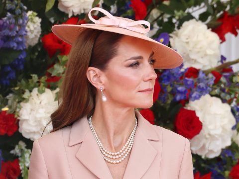Catherine, Princess of Wales awaits the arrival of President Emmanuel Macron and Mrs Brigitte Macron on July 08, 2025 in Windsor, England.
