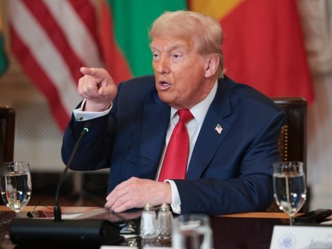 U.S. President Donald Trump answers questions during a multilateral lunch with African leaders in the State Dining Room of the White House July 9, 2025 in Washington, DC. The leaders of Gabon, Guinea-Bissau, Liberia, Mauritania and Senegal met with Trump during the luncheon.