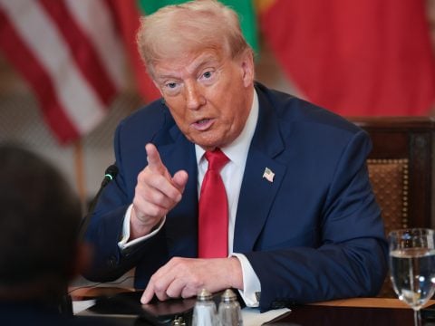 U.S. President Donald Trump answers questions during a multilateral lunch with African leaders in the State Dining Room of the White House July 9, 2025 in Washington, DC.