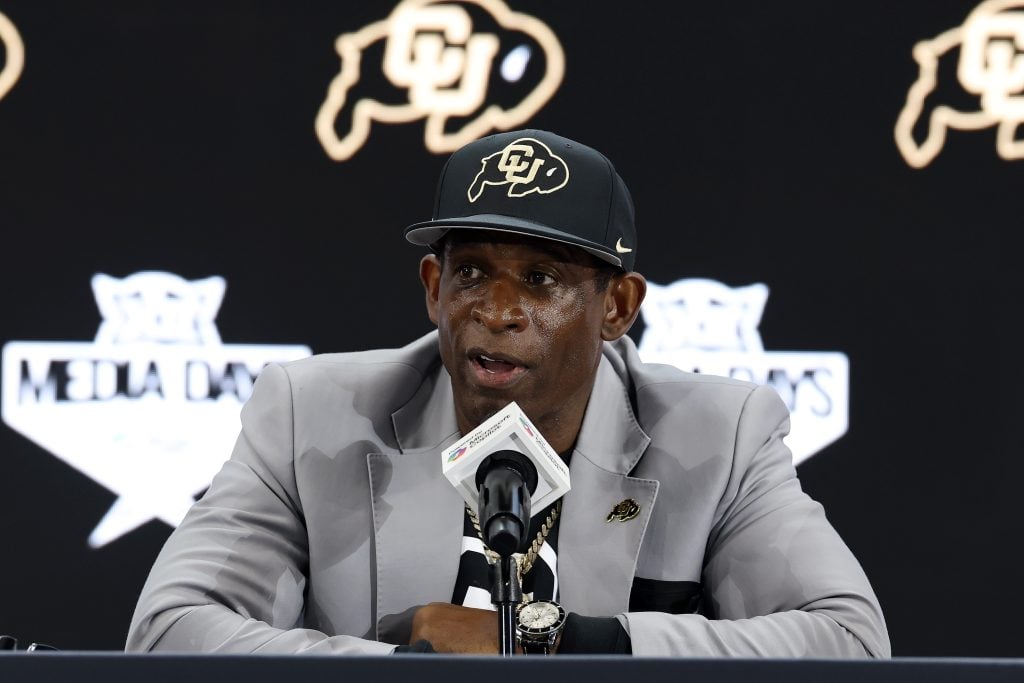 Head coach Deion Sanders of the Colorado Buffaloes speaks with the media during the Big 12 Media Days at The Ford Center at The Star on July 09, 2025 in Frisco, Texas.