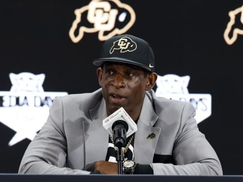 Head coach Deion Sanders of the Colorado Buffaloes speaks with the media during the Big 12 Media Days at The Ford Center at The Star on July 09, 2025 in Frisco, Texas.