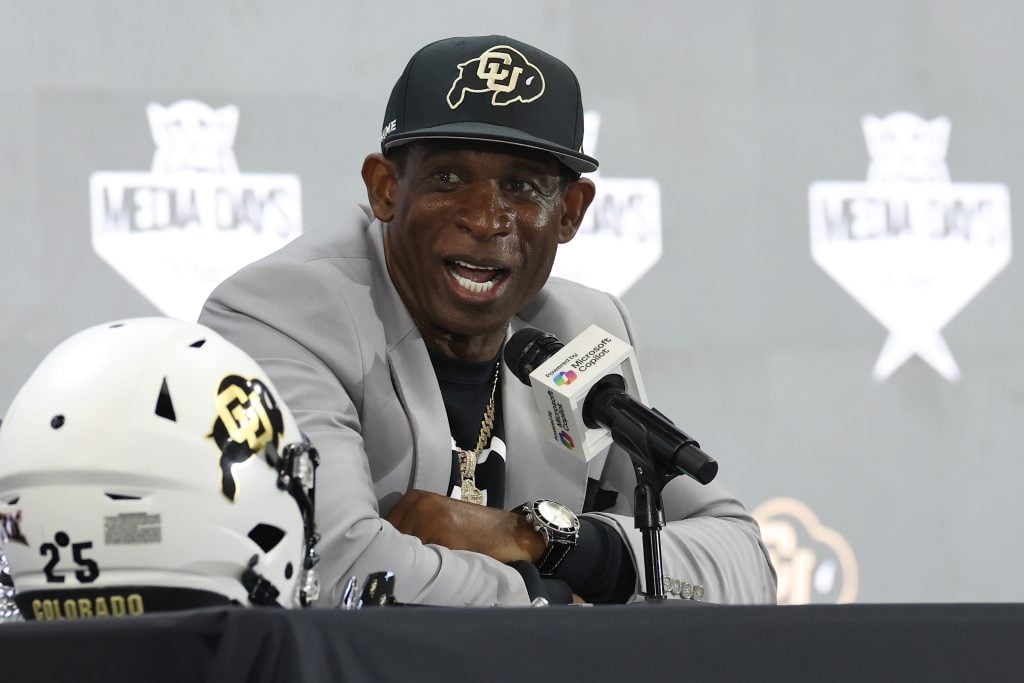 Head coach Deion Sanders of the Colorado Buffaloes speaks with the media during the Big 12 Media Days at The Ford Center at The Star on July 09, 2025 in Frisco, Texas.