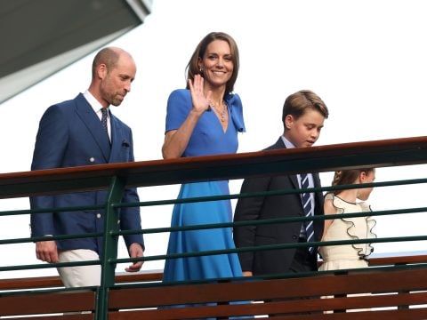 Catherine, Princess of Wales, Patron of The AELTC, Prince George of Wales and Princess Charlotte of Wales cross the player's walkway bridge on day fourteen of The Championships Wimbledon 2025 at All England Lawn Tennis and Croquet Club on July 13, 2025 in London, England.