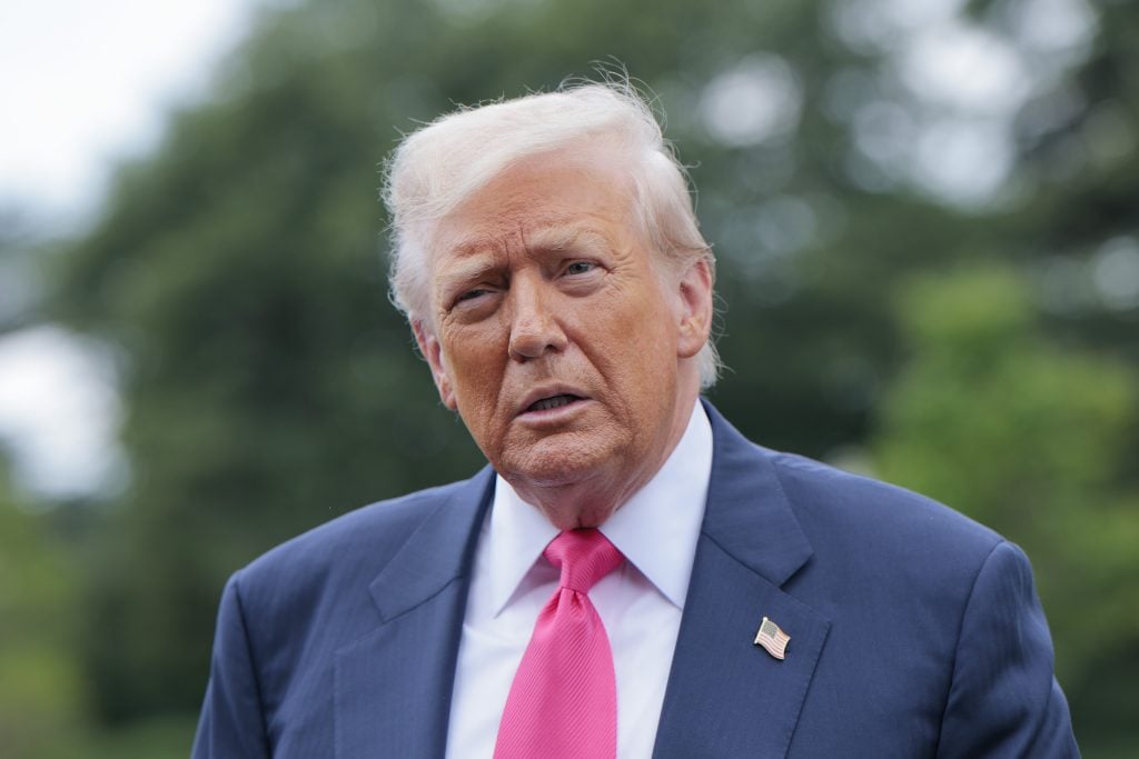 U.S. President Donald Trump speaks to the media as he departs the White House on July 15, 2025 in Washington, DC. Trump is traveling to Pittsburgh, Pennsylvania, to speak at an artificial intelligence and energy summit.