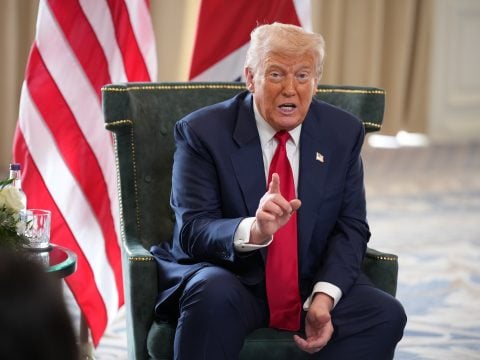 U.S. President Donald Trump gestures as he meets British Prime Minister Keir Starmer for bilateral talks at Trump Turnberry golf club on July 28, 2025 in Turnberry, Scotland.